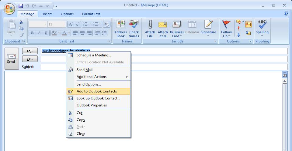 Figure 67: Adding a Fraunhofer employee as a contact in Outlook 2007 You will now be shown the contact