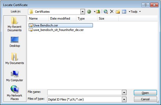 employee s certificate and select it. Click Open (see Figure 73).