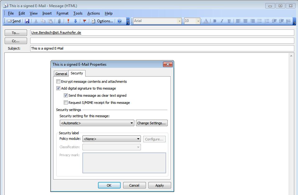 Figure 82: Adding a digital signature to an e-mail in Outlook 2003 To