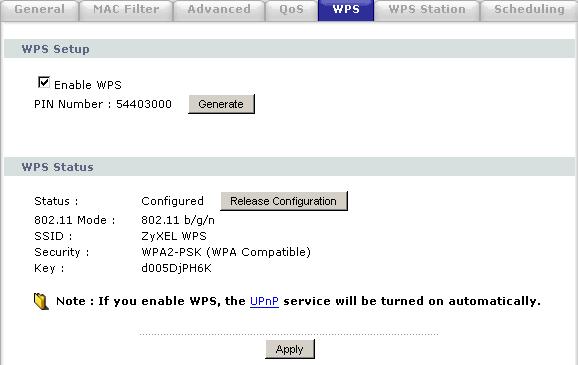 Chapter 8 Wireless LAN 8.6 WPS Use this screen to enable/disable WPS, view or generate a new PIN number and check current WPS status. To open this screen, click Network > Wireless LAN > WPS tab.