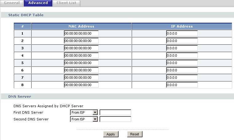 Chapter 11 DHCP Server 11.3 Advanced This screen allows you to assign IP addresses on the LAN to specific individual computers based on their MAC addresses.