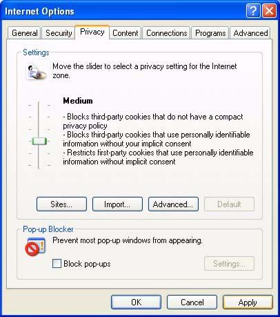 Appendix B Pop-up Windows, JavaScripts and Java Permissions 1 In Internet Explorer, select Tools, Internet Options, Privacy.