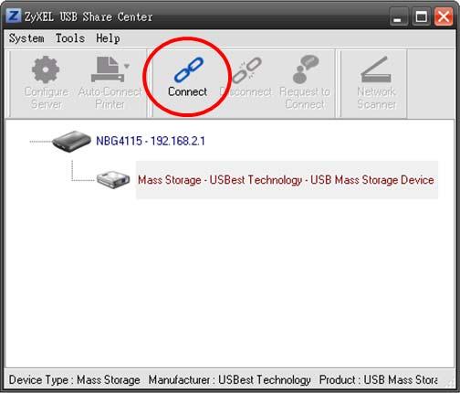 2 In the ZyXEL NetUSB Share Center Utility,