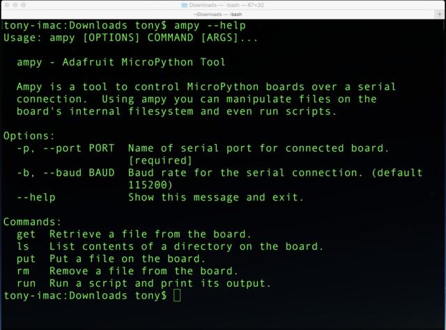 pip2 install adafruit-ampy Make sure the pip command finishes without an error. If you see an error then go back and check you have python installed and are running it as root with sudo if necessary.