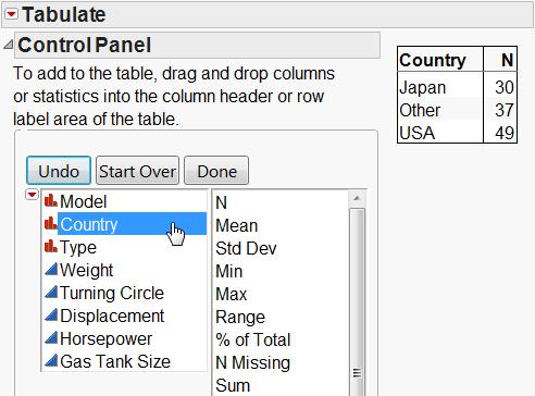 Drag and drop one or more summary statistics from the middle panel into the results area.