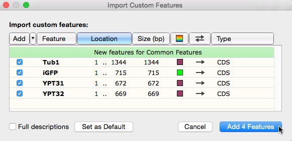 Specify Which Features To Add The Add column indicates which features will be imported.
