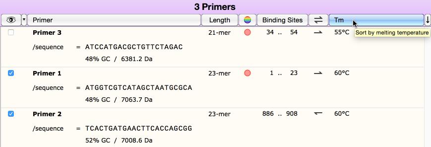 By default, the Binding Sites button is chosen, meaning that primers are sorted by location.