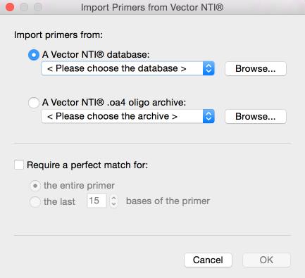 ... In the Import Primers from Vector NTI dialog, choose a
