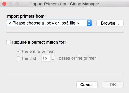 Specify a Clone Manager File To specify the source Clone Manager file, click Primers Import Primers from Clone Manager.
