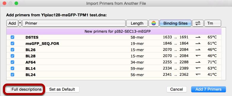 View the Available Primers List A second dialog will list the primers that are to be imported.