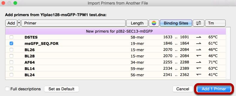 Specify Which Primers Will Be Added The Add column indicates which primers will be imported.