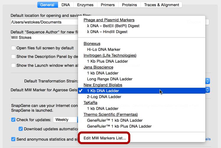 Customize the MW Markers List If the desired MW marker is not listed in the Default MW Marker for Agarose Gels menu, choose Edit MW
