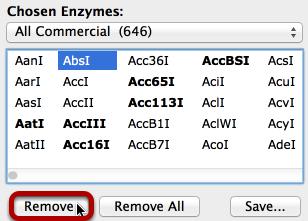 Remove from an Enzyme Set To remove the selected enzyme from the Chosen Enzymes set, click the Remove button or