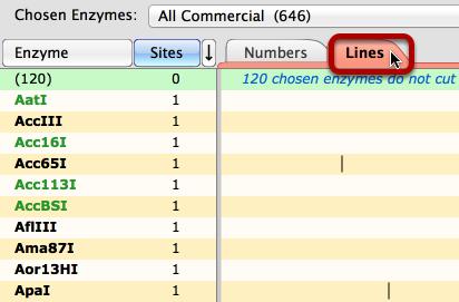 View a Restriction Site Overview In Enzymes view, the restriction sites can be displayed as lines or numbers. The chosen enzyme set can also be searched or edited.