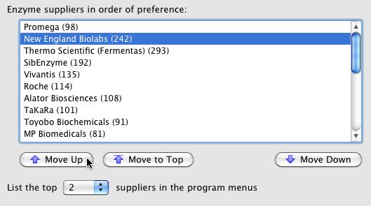 Change the Supplier List Order Click the Move Up, Move to Top, and Move Down buttons to change the order of preference for enzyme suppliers.