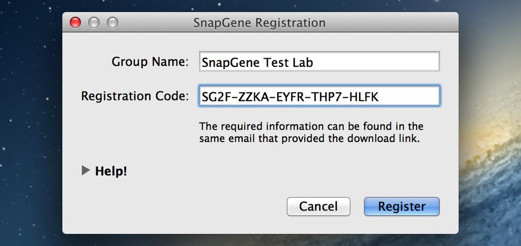 Register SnapGene Enter the Group Name and Registration Code.
