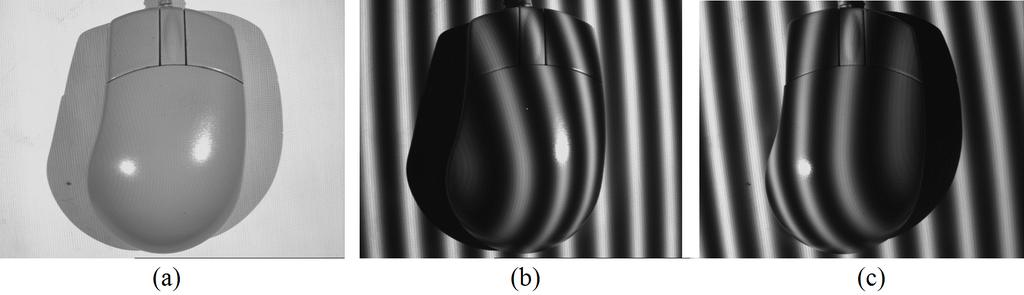 Fig. 5. In panel (a) we show the computer mouse illuminated with white light to see the object, the shadows and specular reflections from the two projector directions.