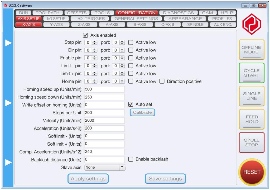 3.1.Axis setup The machine axis settings can be configured in the axis setup. The axis setup page contains 6 sub tab pages for the 6 available axis.