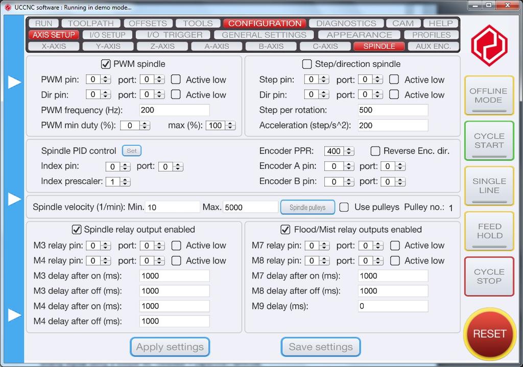 The spindle setup tab page has the following parameters: Settings for a PWM control type spindle: PWM spindle check box: Selecting this checkbox sets the spindle to PWM control mode.