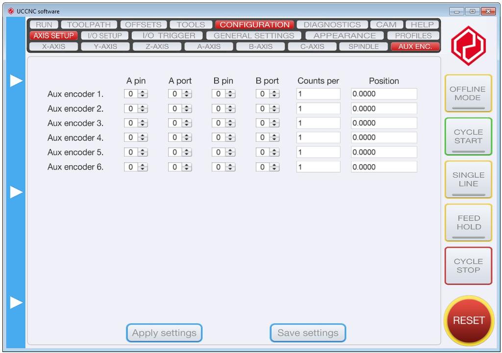 The following printscreen shows the auxiliary encoders tab page: 3.4.