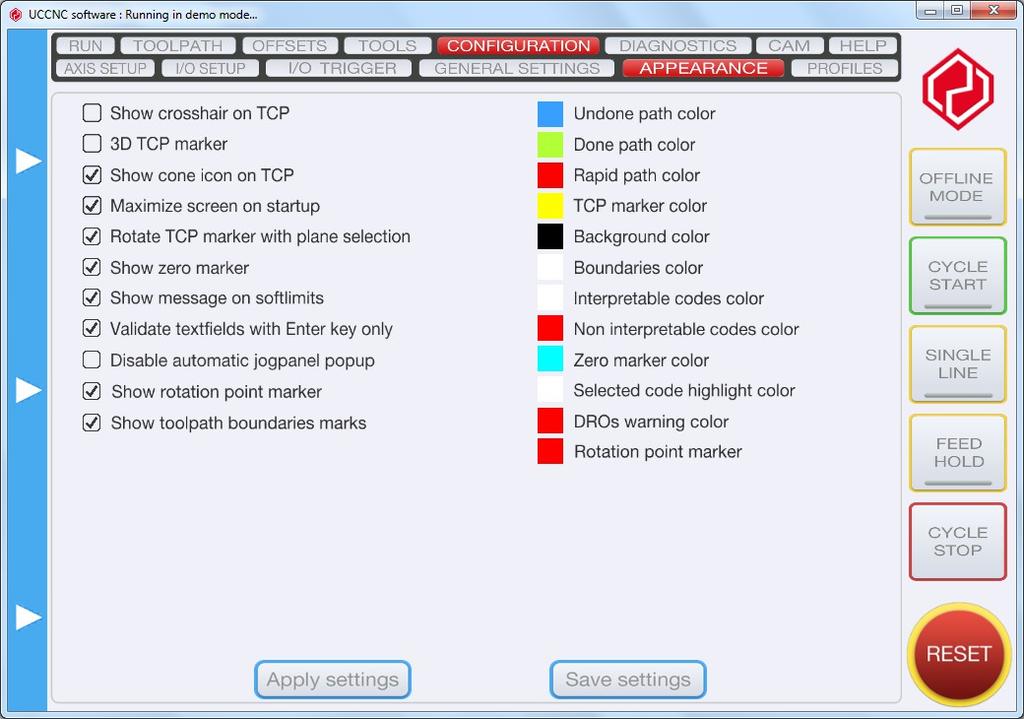 The colors of the background, different paths type, tool center point viewer etc. can be set here.