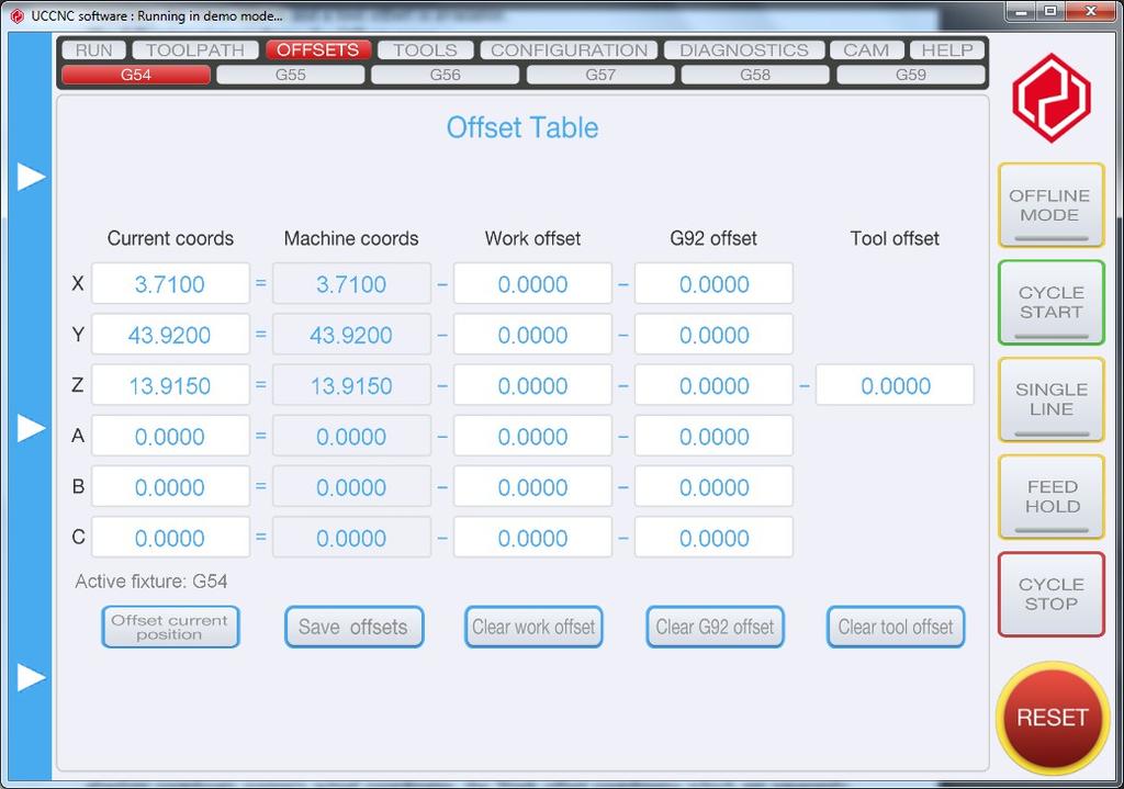 3.10.Offsets The offsets tab page contains all position offset related settings. Currently the work offsets and a tool offset is available.