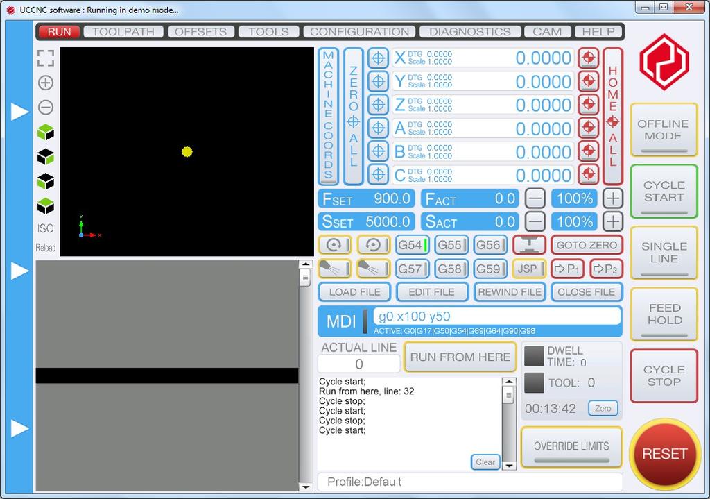 into the MDI will move the axis with a rapid linear movement from the current coordinates to the X=1 and Y=2 coordinates. The following printscreen picture shows text input in the MDI control: 4.