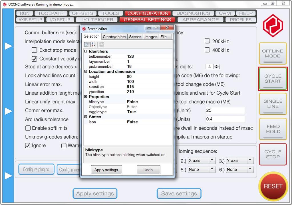 The following printscreen shows the screen editor window with the screen editor mode active: 7.2.Editing screen elements When in screen editor mode pressing any screen items will select the item.