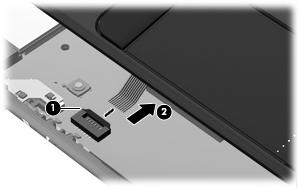 9. Disconnect the TouchPad button board cable (2) from the system board, and then remove the top