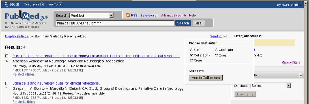 4. Collections After performing a search in PubMed,