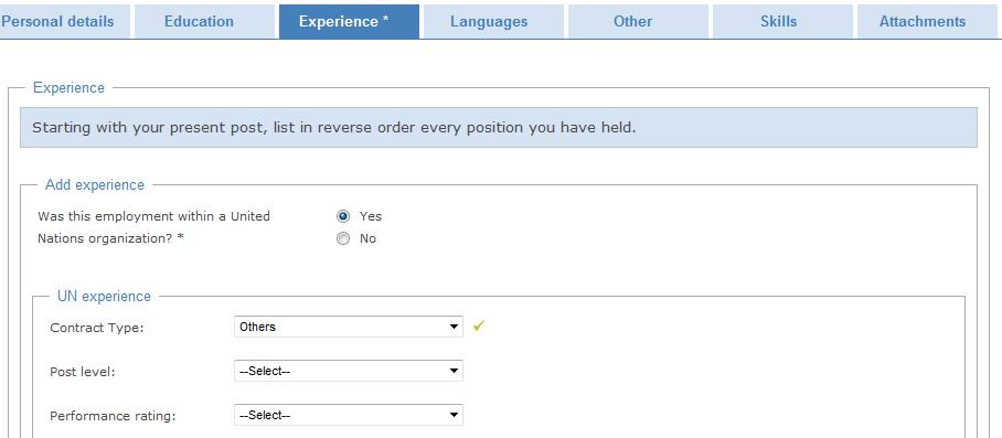 If you answer yes to the question on UN experience, you will be prompted to enter your contract type, your
