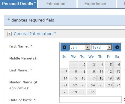 Throughout the system, selecting a date (here the date of birth) needs to be done