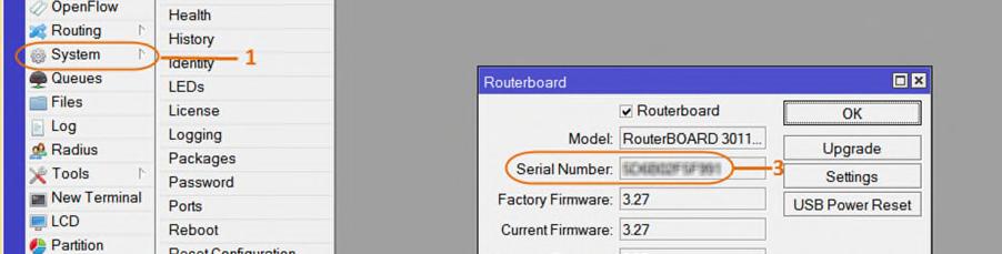 6. Checking the serial number in Mikrotik You will need the serial number of the new Mikrotik router to add it to Cloud Deck.
