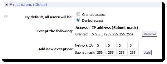 3. To deny access to all Rescue Components from all IP addresses except those specified, select Denied access and enter the appropriate Network ID.