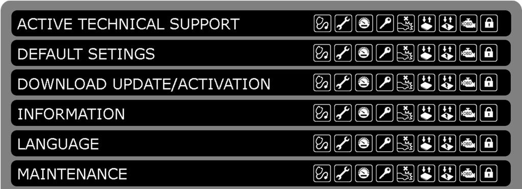 6 SETUP SETUP MENU FEATURES ICON ACTIVE TECHNICAL SUPPORT DEFAULT SETTINGS DOWNLOAD UPDATE/ ACTIVATION INFORMATION LANGUAGE MAINTENANCE OBDII/VOLTAGE TEST SETTINGS OTHER SETTINGS POWER SAVING
