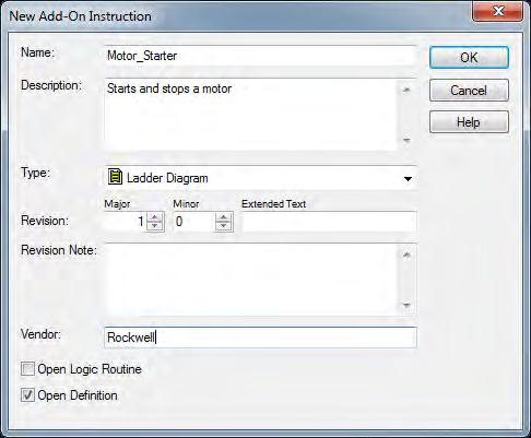 Chapter 2 Defining Add-On Instructions Creating an Add-On Instruction Follow these steps to create a New Add-On Instructions. 1. Open a new or existing project. 2. Right-click the Add-On Instructions folder in the Controller Organizer and select New Add-On Instruction.