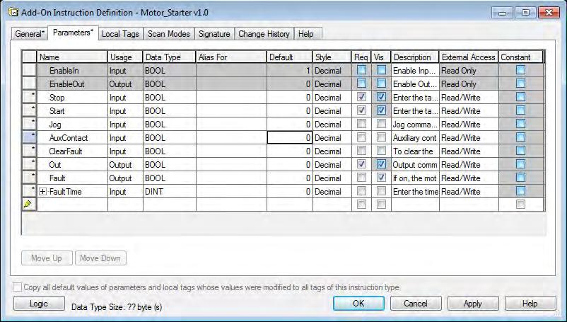 The following screen capture shows the General tab for the Motor Starter Add-On Instruction.