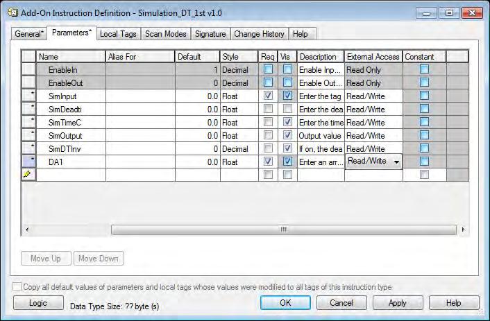 Defining Add-On Instructions Chapter 2 Simulation instruction example The Simulation_DT_1st Add-On Instruction adds a dead time and a first-order lag to an input variable.