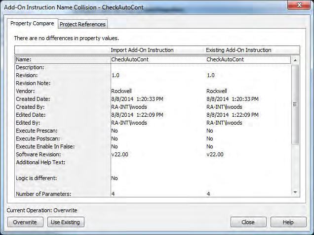 Chapter 4 Importing and Exporting Add-On Instructions The Property Compare tab shows the differences between the instructions, in this