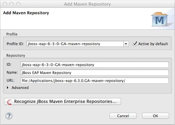 Start Developing Figure 2.1. JBoss EAP Maven Repository Listed for Adding to the Maven Configuration File 7.