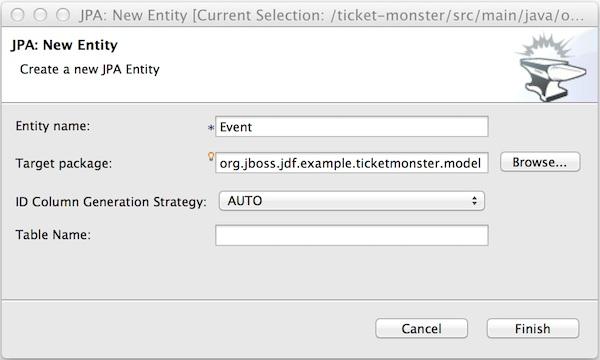 Start Developing Figure 2.7. New Event Entity using Forge 2 JPA: New Entity Wizard 5. In the Project Explorer view, ensure org.jboss.jdf.example.ticketmonster Event.