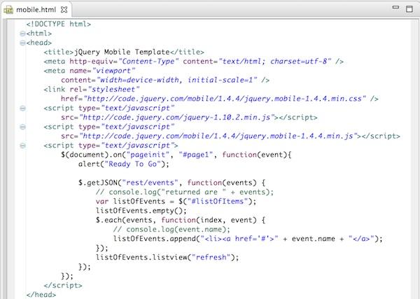 CHAPTER 2. CREATING THE TICKETMONSTER APPLICATION Figure 2.22. Completed mobile.html File 7. Save the mobile.html file.