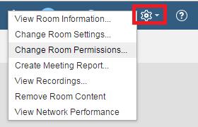 Settings Allows the meeting host to change permission levels, create meeting reports, view network performance and view room information.