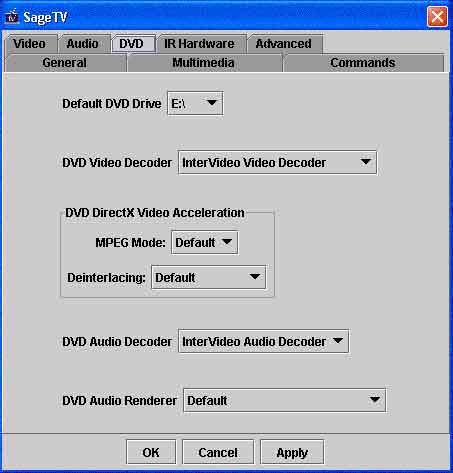 SageTV Installation & User s Manual Page 37 DVD Settings Default DVD Drive: Specify the path of your local DVD drive.