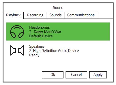 Step 4: In the Playback tab, select Razer ManO War from the list and click the Set Default button.