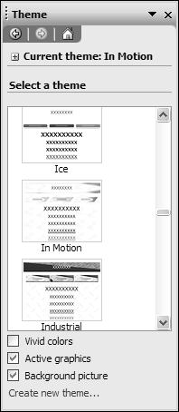 50 ABSOLUTE BEGINNER S GUIDE TO MICROSOFT FRONTPAGE 2003 FIGURE 3.5 The Theme task pane displays thumbnails of each available theme. A better choice is generally to apply themes to an entire site.