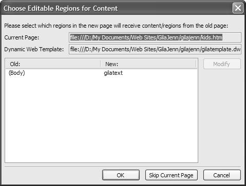 58 ABSOLUTE BEGINNER S GUIDE TO MICROSOFT FRONTPAGE 2003 FIGURE 3.12 FrontPage will prompt you to put preexisting content into an editable region when you attach the dynamic Web template.