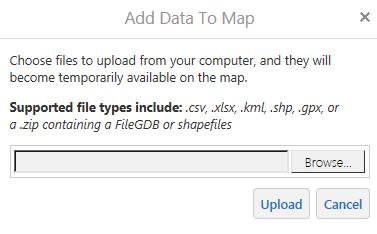 5 The Maps & Data Toolbar Upload Data: Use this tool to temporarily upload data from your computer to the map. Select the Upload Data tool. A dialogue box will appear.