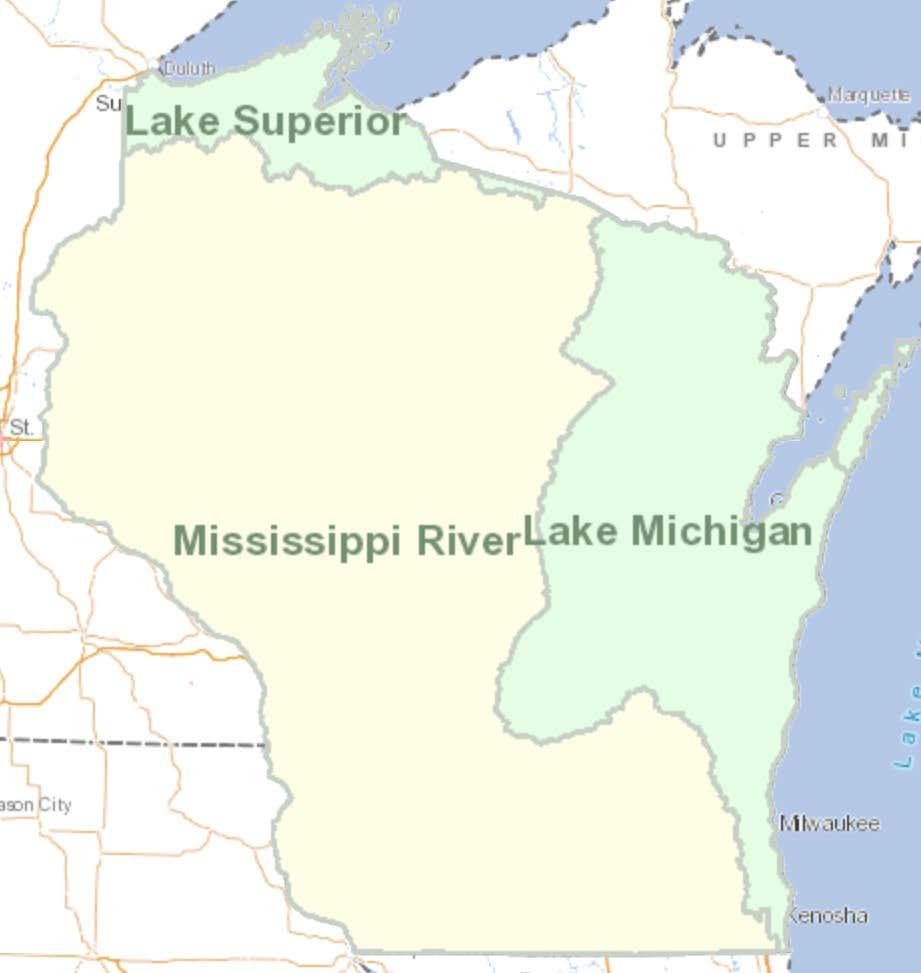 9 Another interesting map layer is the Great Lakes and Mississippi Basins layer. This layer delineates the major basins into which the subwatersheds of Wisconsin drain.