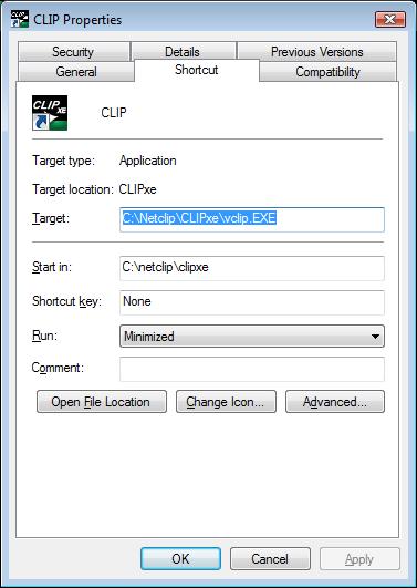If you look in the Start In box this will indicate the folder in which you have CLIP installed.